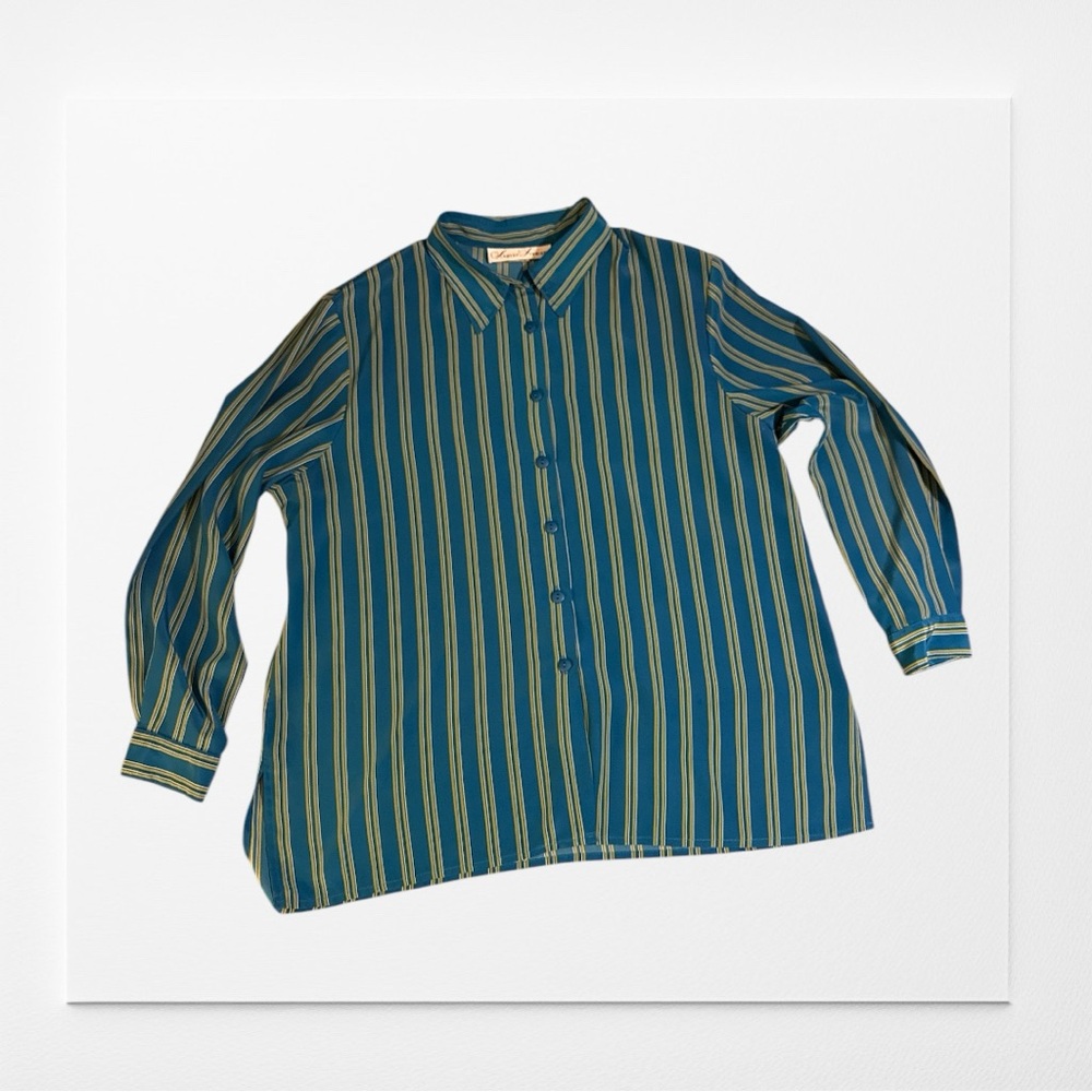 Vintage Striped Blue and Yellow Button Up, Size 1X